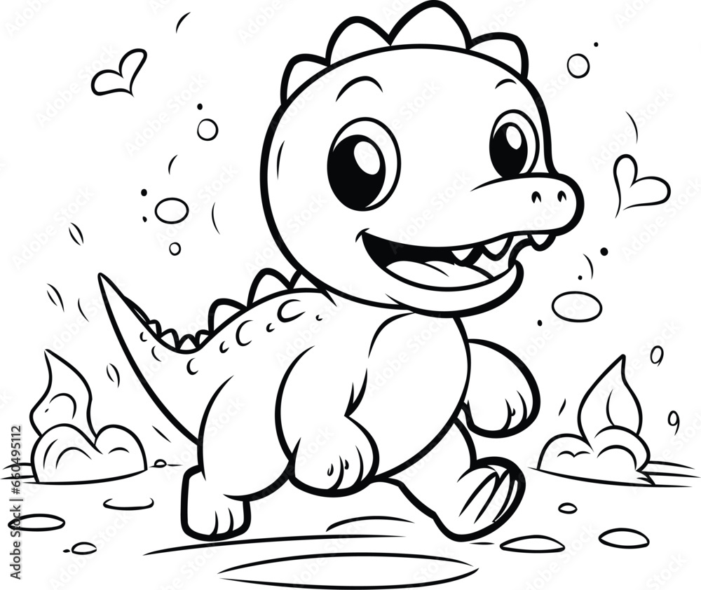 Cute Dinosaur running in the mud. Vector illustration for coloring book