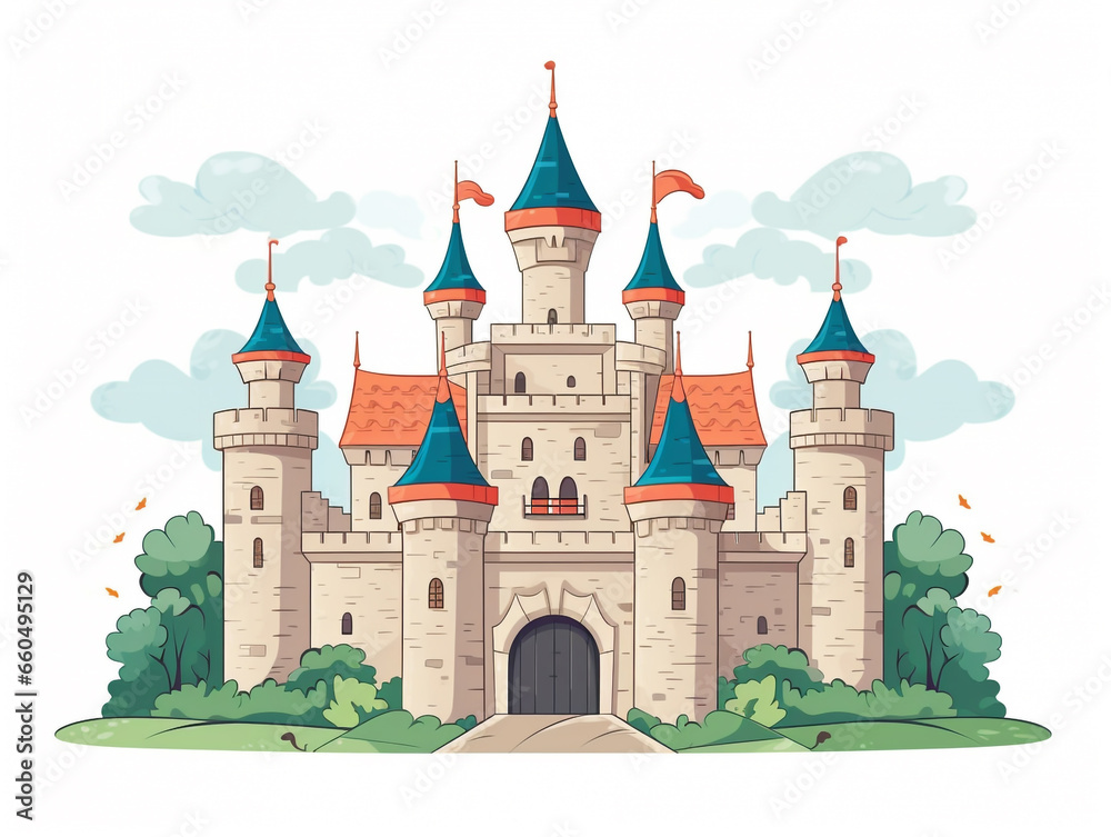 A medieval castle. It is located on a hill and there is a green landscape around it. Front elevation view. 2D flat illustration image.