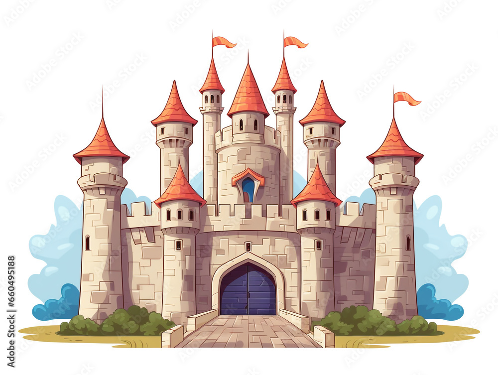 A medieval castle. It is located on a hill and there is a green landscape around it. Front elevation view. 2D flat illustration image.