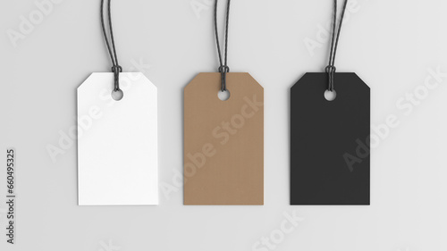 White, cardboard, black tags mockup on white background. View directly above