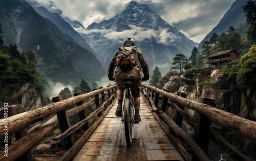 Biking Adventure Crossing a Wooden Bridge in the Mountains.
