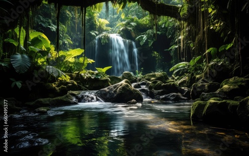 Forest Elegance A Majestic Waterfall Amidst Lush Greenery.