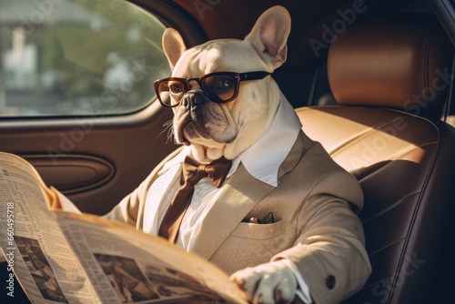 Dog as elegantly dressed man sits in car and reading newspaper. Sun rays on the passenger seat. © SergeyIT