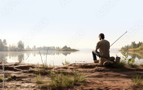 Angler Paradise Man Enjoying Peaceful Lakeside Fishing.