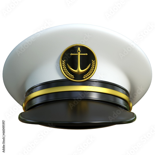 Navy cap, ship officer, admiral, sailor, naval captain hat front view 3d rendering