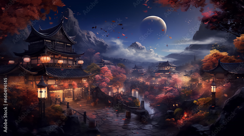 Obraz premium Japanese Onsen in The night scene 
