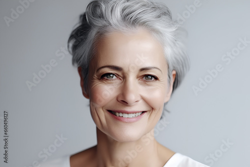 Portrait of a lady aged 60 years with gray hair  happy and natural mature woman