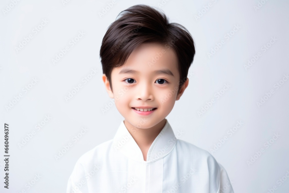 Happy child boy of Asian appearance in a white shirt on a white background. Happy child boy of Asian appearance in a white shirt on a white background.