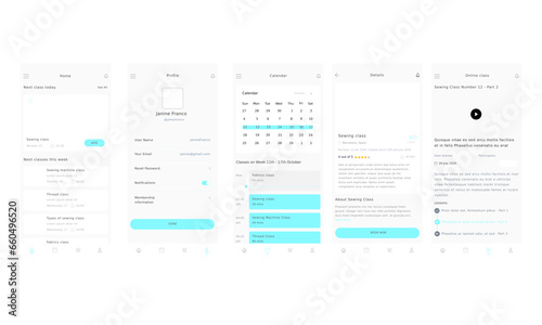 Sewing Classes, sew School, stitch, patchwork class and Online Academy Blue App Ui Kit Template