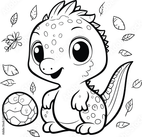 Cute cartoon dinosaur with a ball and leaves. Vector illustration. © Waqar