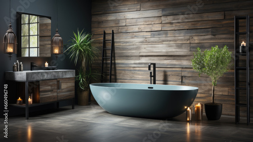 Generative ai illustration of a Comfortable bathtub with vanity basin in modern interior