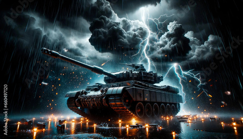a tank on a stormy night with lightning photo