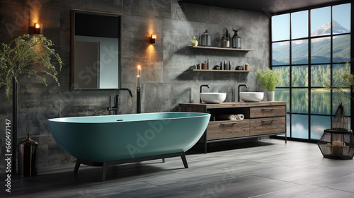 Generative ai illustration of a Comfortable bathtub with vanity basin in modern interior