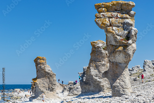 Impressive limestone sea stacks at Langhammars in Swedish Baltic sea island Faro