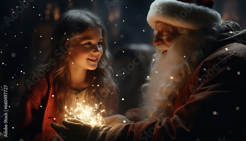Grandfather Frost gives a gift to a little girl sitting in a chair. Fireplace and Christmas tree in the background photo