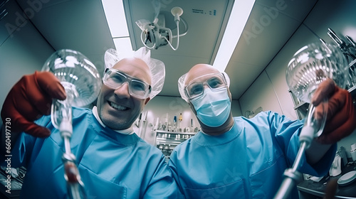 Dental technicians in masks expertly wield tools, providing meticulous care to patients. Fisheye lens of dedicated professionals in action. Ideal for dental and healthcare promotion photo