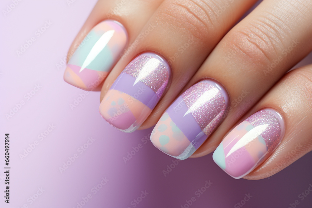 Woman's fingernails with pastel colored nail polish in front of violet background - obrazy, fototapety, plakaty 