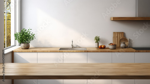Empty wooden table countertop and kitchen interior on background.