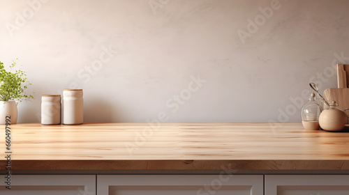 Empty wooden table countertop, kitchen interior background.