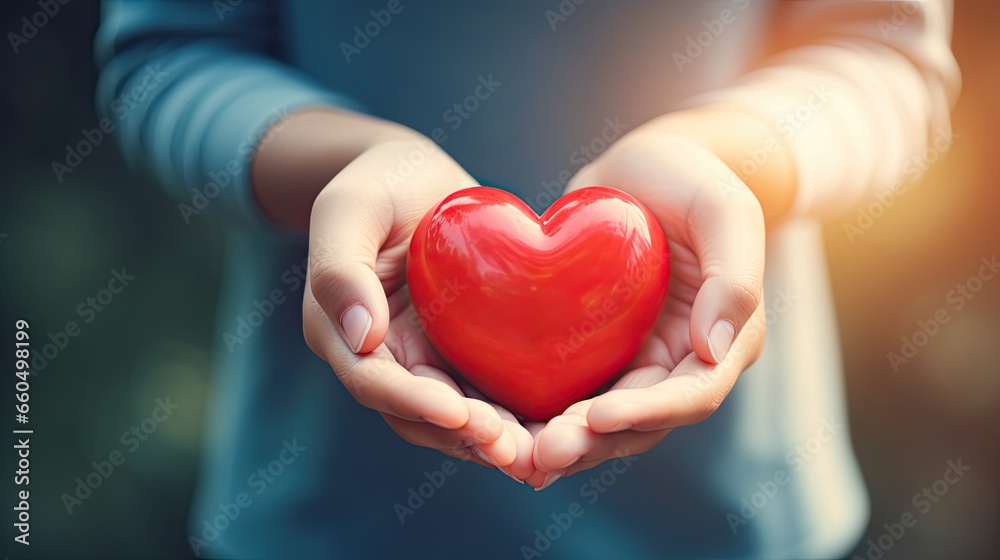 close up of woman hands holding red heart on nature background, love concept - obrazy, fototapety, plakaty 