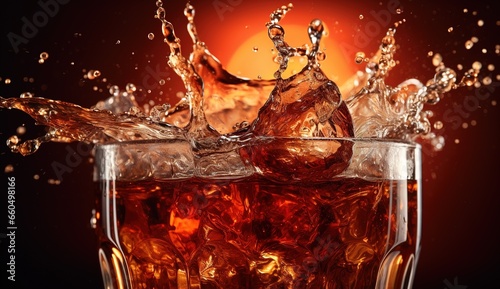 Ice cubes splashing into cola drink