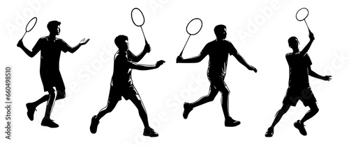 set of badminton players silhouettes on isolated background