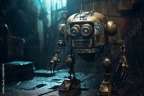 Rusty futuristic robot in sci-fi fantasy background. Generative AI