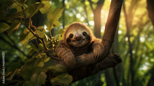 Happy sloth hanging on a tree branch in the jungle at sunset.