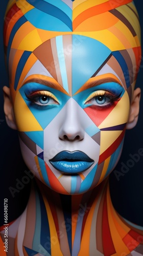 A close up of a woman's face with colorful makeup