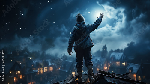 Mysterious sleep-walker boy standing on the roof and looking at night city. photo