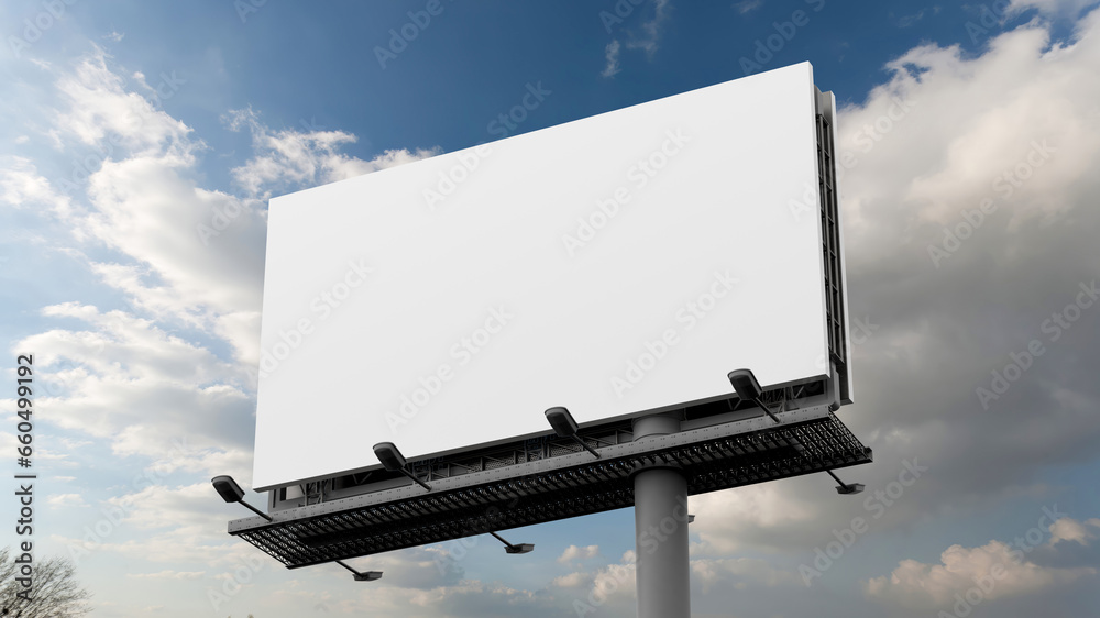 Outdoor billboard mockup on blue sky background - obrazy, fototapety, plakaty 