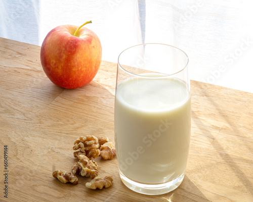 healthy breakfast with milk and apple