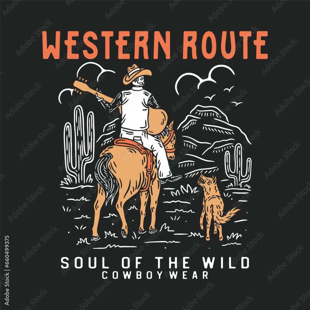 cowboy illustration skull graphic dog design cactus vintage desert t shirt badge drawing music landscape guitar rider