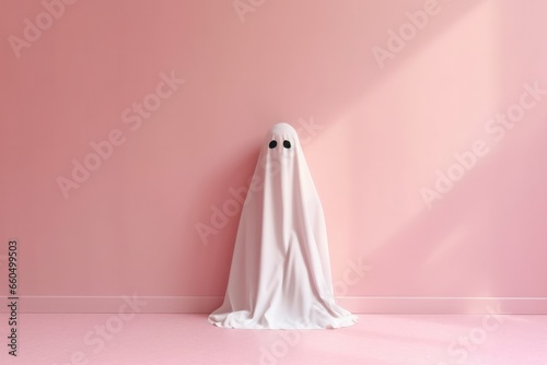 Cute cartoon ghost in fashion-forward white sheet costume floats against pastel pink background. Minimal  trendy Halloween concept with artistic flair.