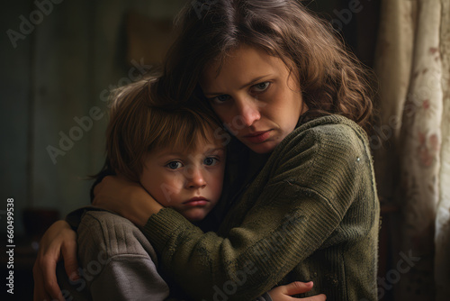 Sad little child, hugging his mother at home, mother protection from danger