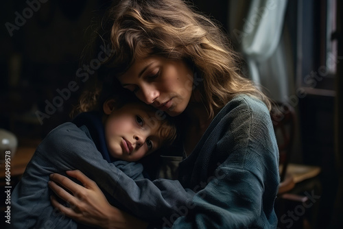 Sad little child, hugging his mother at home, mother protection from danger © Kien