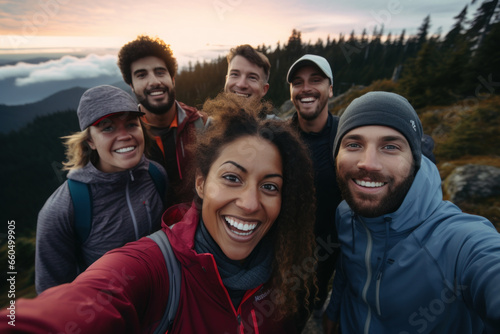 a group of hikers taking selfie at a sunrise © EmmaStock