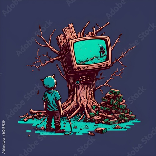 2D Pixel stylea maintenance worker standing on a tree stump is watching tv and stand next to the tv some books scattered around a solid color background  photo