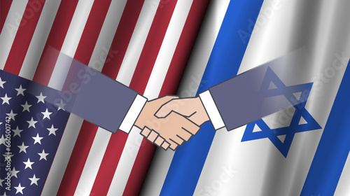 Vector political economic poster. Graphic friendly handshake on a background of wavy flags of USA and Israel.