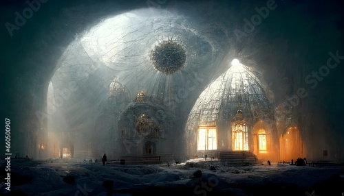 Cold atmosphere hyper realistic render humongous fractal dome of an ancient interior building made of glass gods rays  photo
