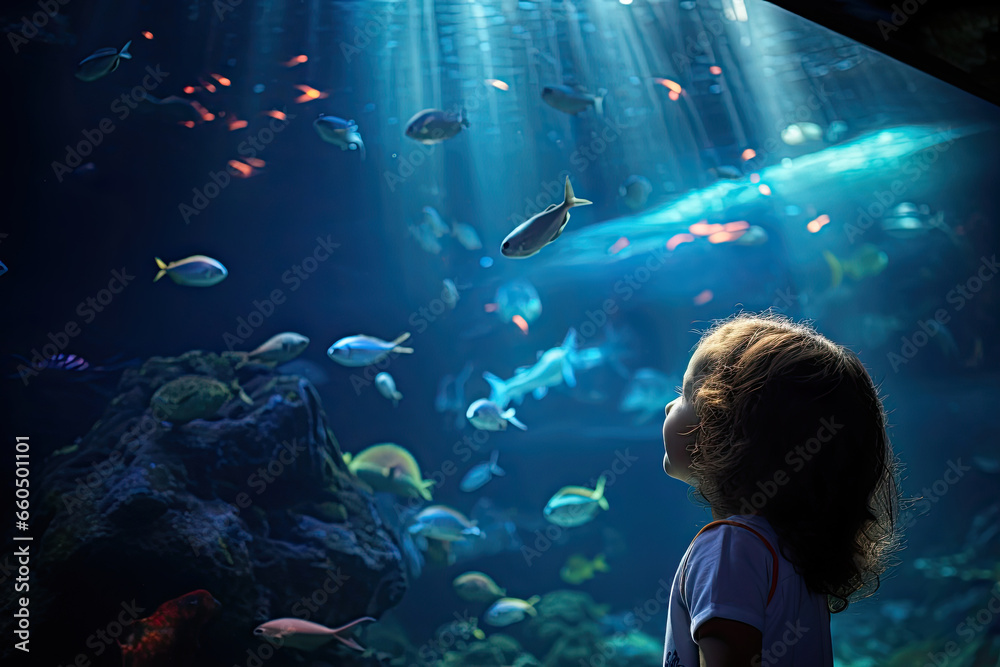 Fototapeta premium Children marvel at the varied marine life in the aquarium's enchanting underwater environment.