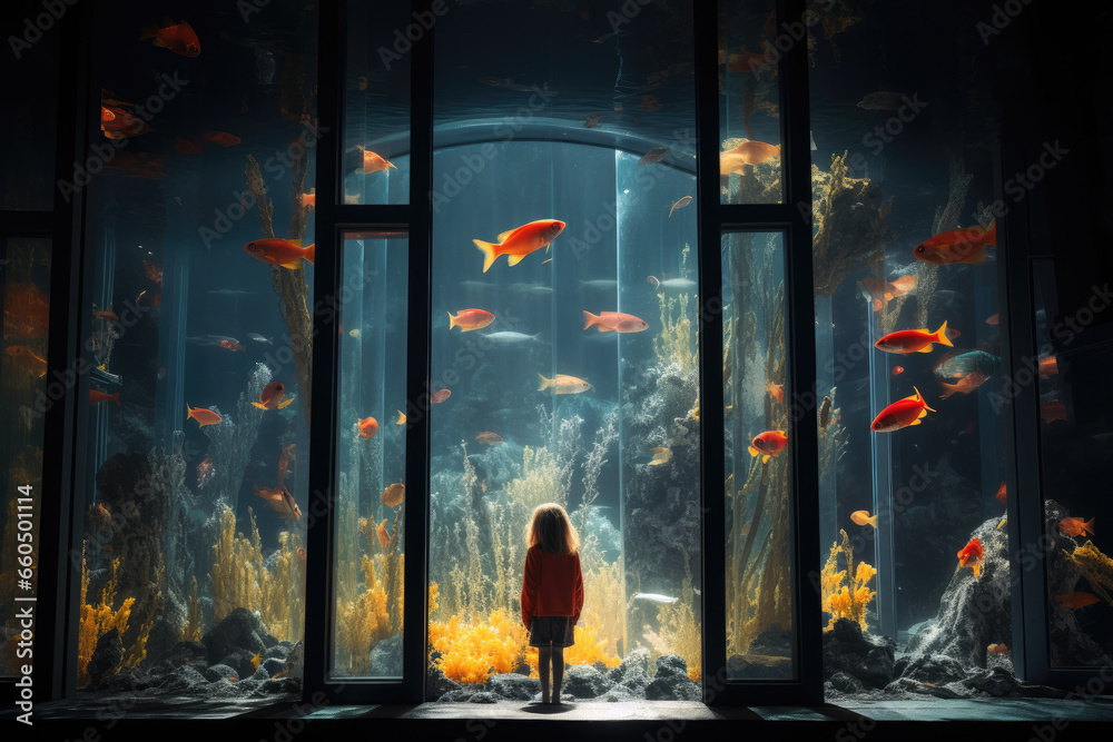 A small child stands in awe in front of an aquarium, peering into an underwater world filled with colorful fish and marine life.