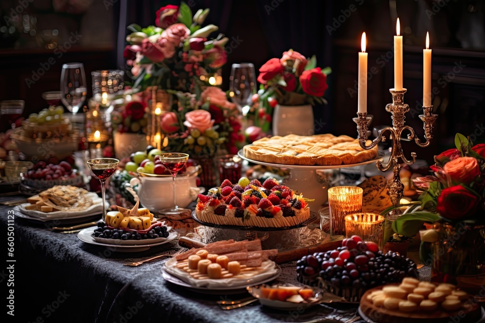 A beautifully decorated holiday buffet table featuring an array of delicious dishes and festive desserts......