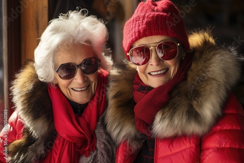 Happy elderly women friends sharing joyful moments in the park on a winter day.