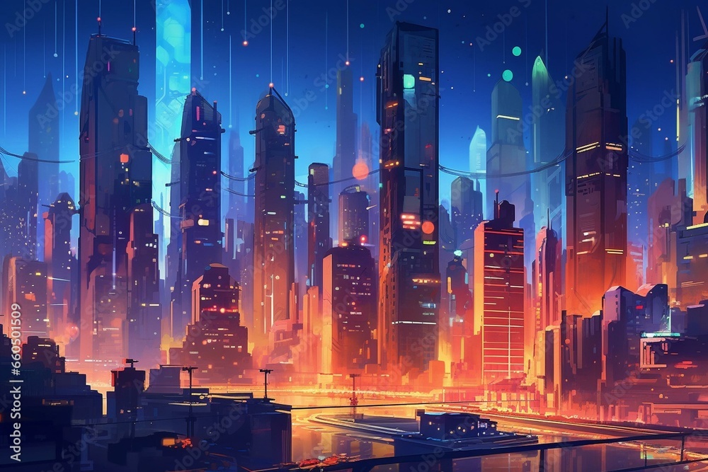 Nighttime cityscape with vibrant neon lights and modern buildings. Generative AI