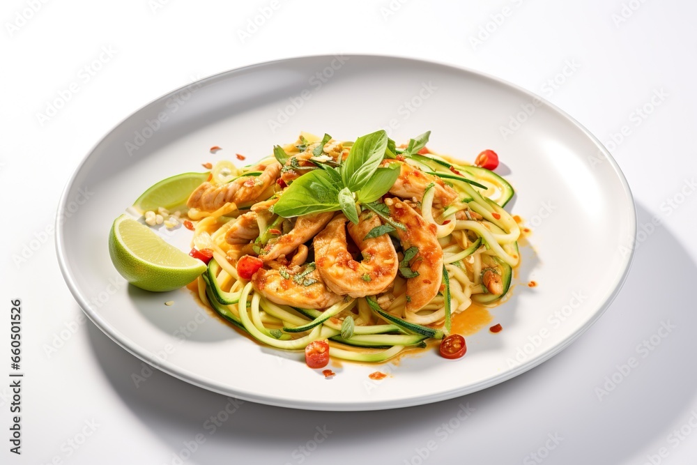 a white plate with Zucchini Noodle Pad Thai a white plate with Zucchini Noodle Pad Thai
