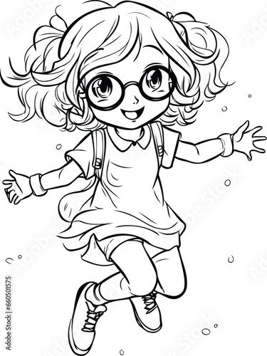 cute little girl with glasses jumping. sketch for your design. vector illustration