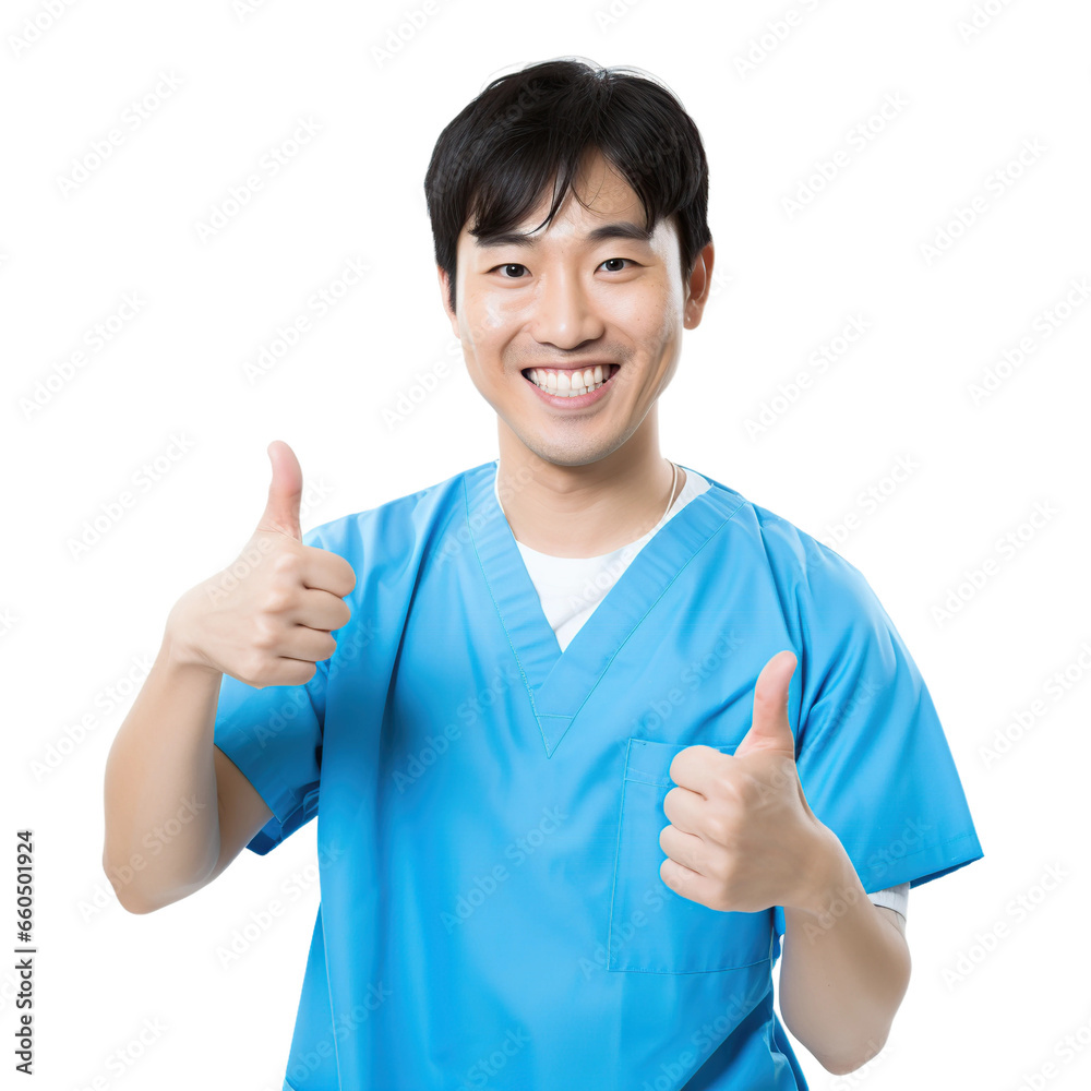 Asian male doctor showing thumbs up isolated on white or transparent background. AI Generated. Asian male doctor showing thumbs up isolated on white or transparent background. AI Generated.