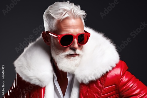 Portrait of handsome senior man in sunglasses and fur coat with beard and stylish beard, dressed in red coat posing with a fur coat on gray wall.