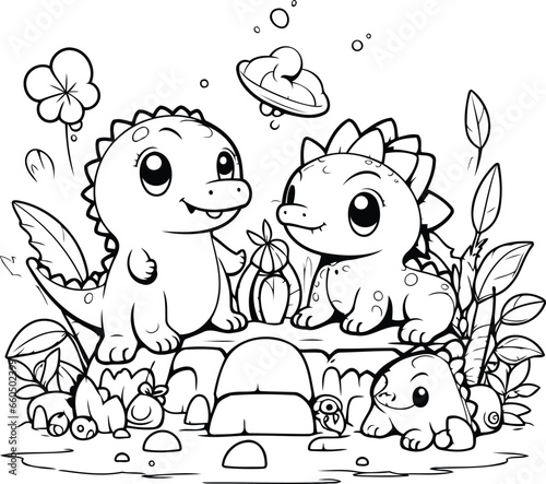 Cute dinosaurs family coloring book. Vector illustration. Coloring page